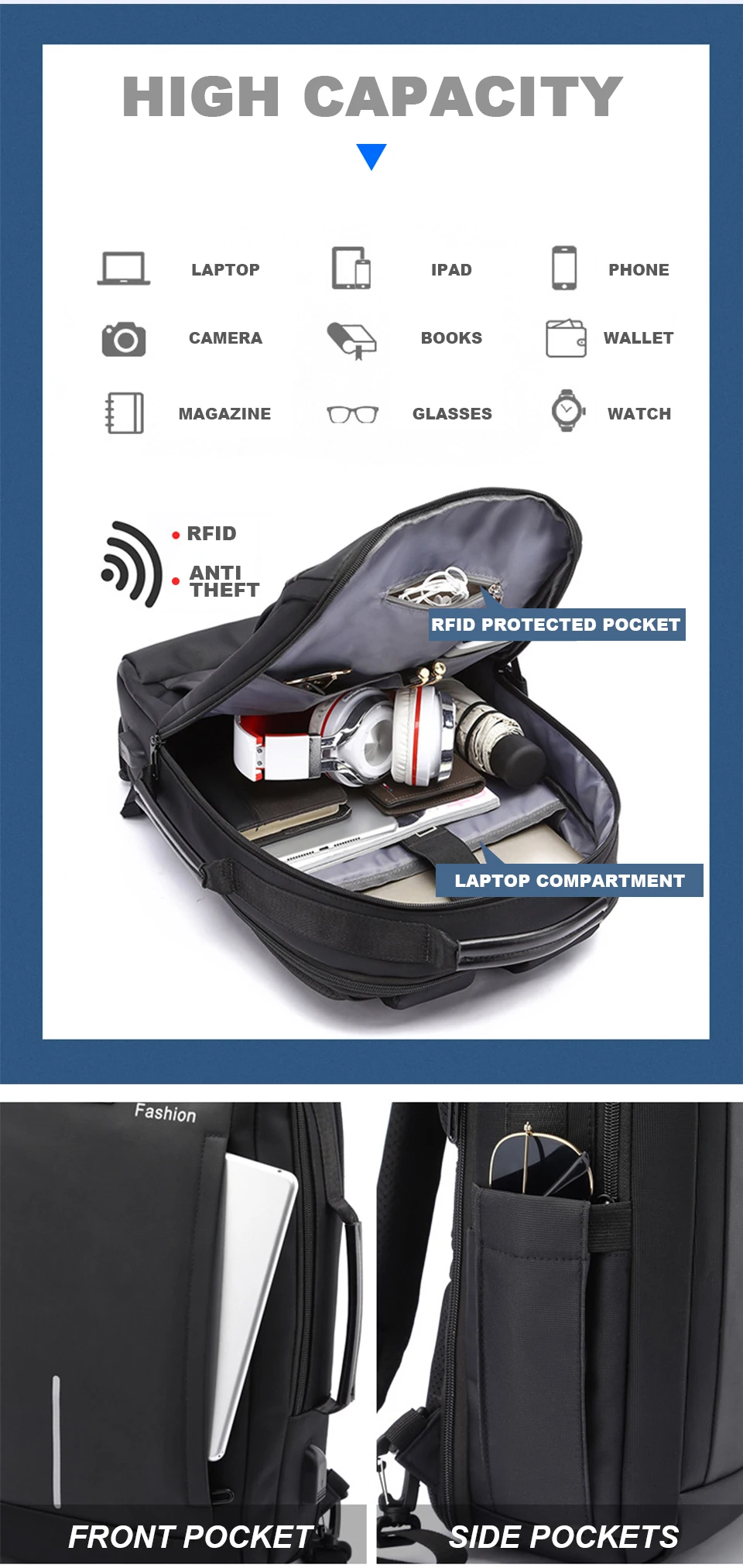 Travel Backpack Men Laptop Business RFID Anti Theft Back Pack Male Waterproof Notebook USB Charging Bags School Student Man Bag (5)