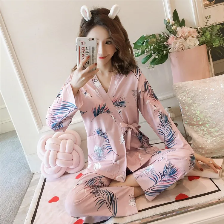 Осенняя Пижама-кимоно с длинными рукавами и принтом фламинго, комплекты для женщин, одежда для сна, домашняя пижама Mujer, домашняя одежда для дома