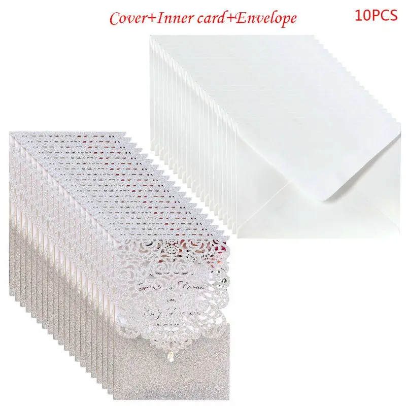  10pcs Laser Cut Glitte Rose Invitations Card with Rhinestone Kits Wedding Party - 4000430095527