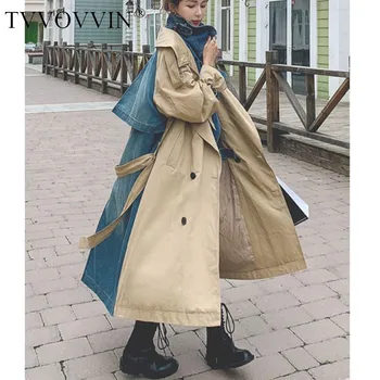 

TVVOVVIN Coat Women Denim Trench Patchwork Bandage Women Long Coat Plus Size Vintage Trench Coat Autumn Winter Coats 2020 LEXS