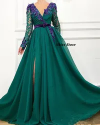 2022 Green Evening Dresses Arabic Dubai Long Sleeve V Neck Lace Prom Gowns Beaded Flower Celebrity Party Dress Robes De Soirée