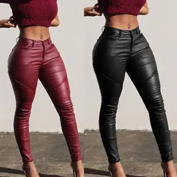 

Autumn Women's Leather Pants Women Female Winter High Waisted Pants Leather Trousers Women PU Skinny Stretch Pencil Pantalons