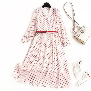 

Plus size women dress new 2020 spring summer chiffon a-line V-neck long sleeve chiffon polka dot red belt elegant dresses