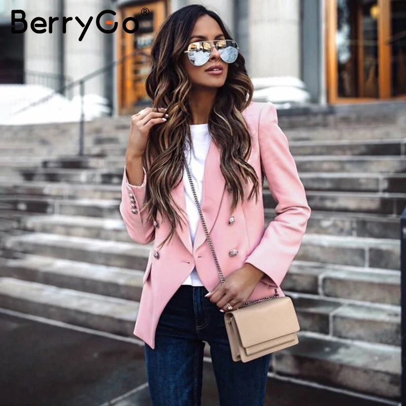 BerryGo Elegant buttons women blazers Casual long sleeve autumn winter female blazer jackets Office ladies blazers coats street - Цвет: Розовый