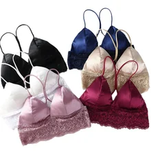 Женский атласный Шелковый бюстгальтер без косточек на спине, кружевной топ, сексуальный однотонный укороченный топ, бюстгальтер с лямками