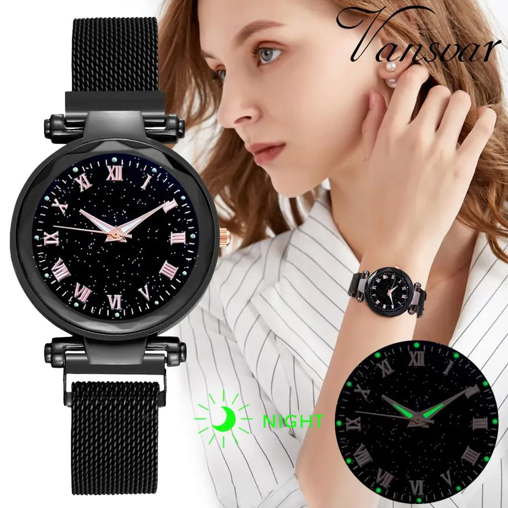 

Reloj Mujer Fashion Simple Starry Dial Stainless Steel Mesh Belt Ladies Quartz Watch Ladies Magnetic Wrist Watch Clock Gift A40