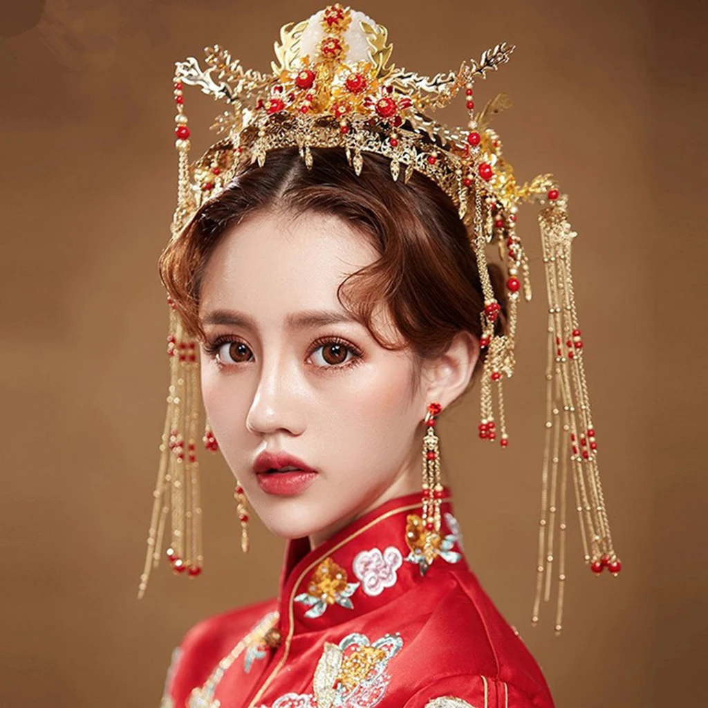 Китайский красный цветок волос Корона Цветочные бисером обруч с завязкой ювелирное Свадебная Тиара для невесты с сережками