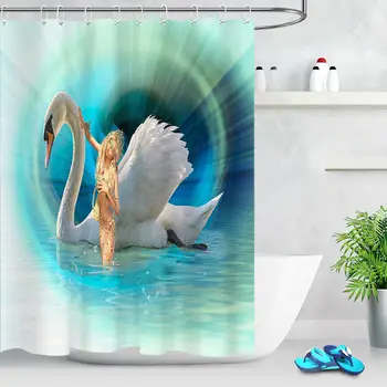 

Swan Mermaid Girl Waterproof Fabric Shower Curtain Set Bathroom Hooks Custom