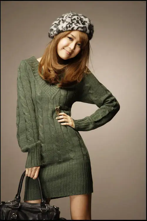 Осень и зима, стиль, корейский стиль, женский модный свитер средней длины с v-образным вырезом и плетеным ворсом, сплошной цвет, длинный рукав, Swe