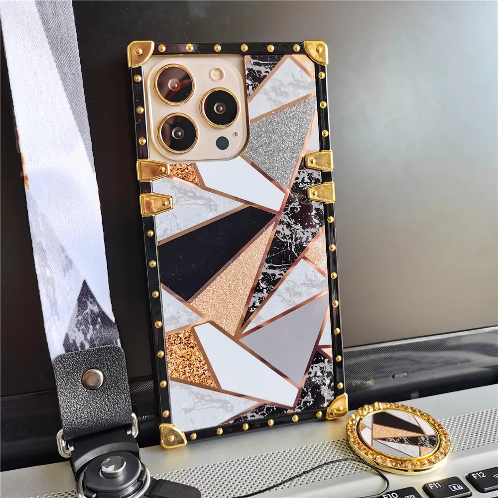 Luxury Gold Geometric Square Phone Case For iPhone 11 12 13 Pro