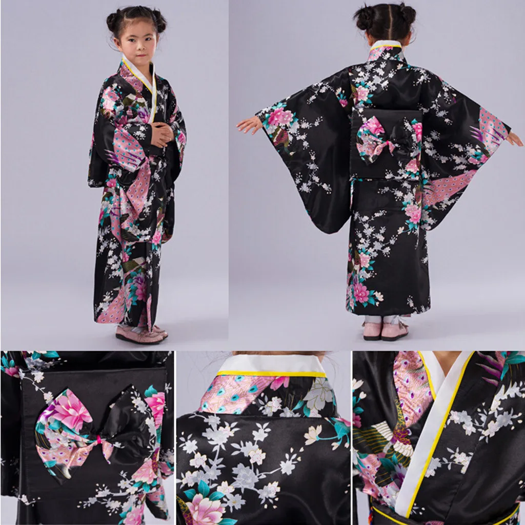 Home&Nest Loose Style Japanese Satin Peacock Print Dress Toddler Kids Baby Girls Outfits Clothes Kimono Robe Traditional Costume