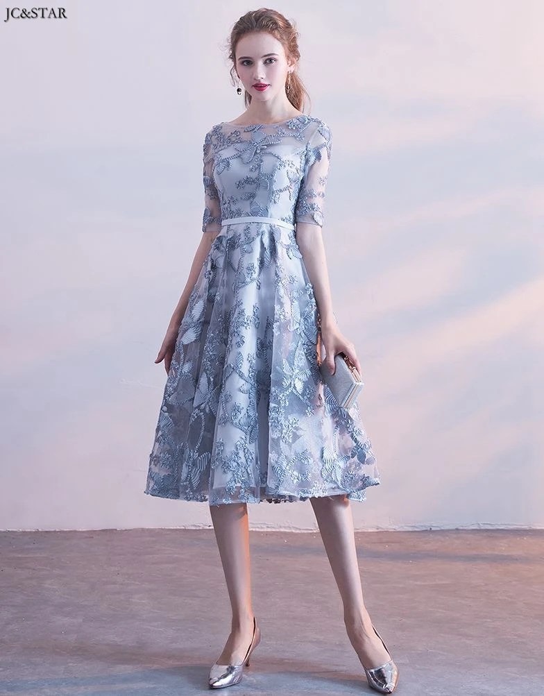 Vestido para casamento convidada; Новинка; кружевное платье трапециевидной формы с рукавом до локтя; цвет синий, шампань, черный, темно-синий, бордовый; платье подружки невесты