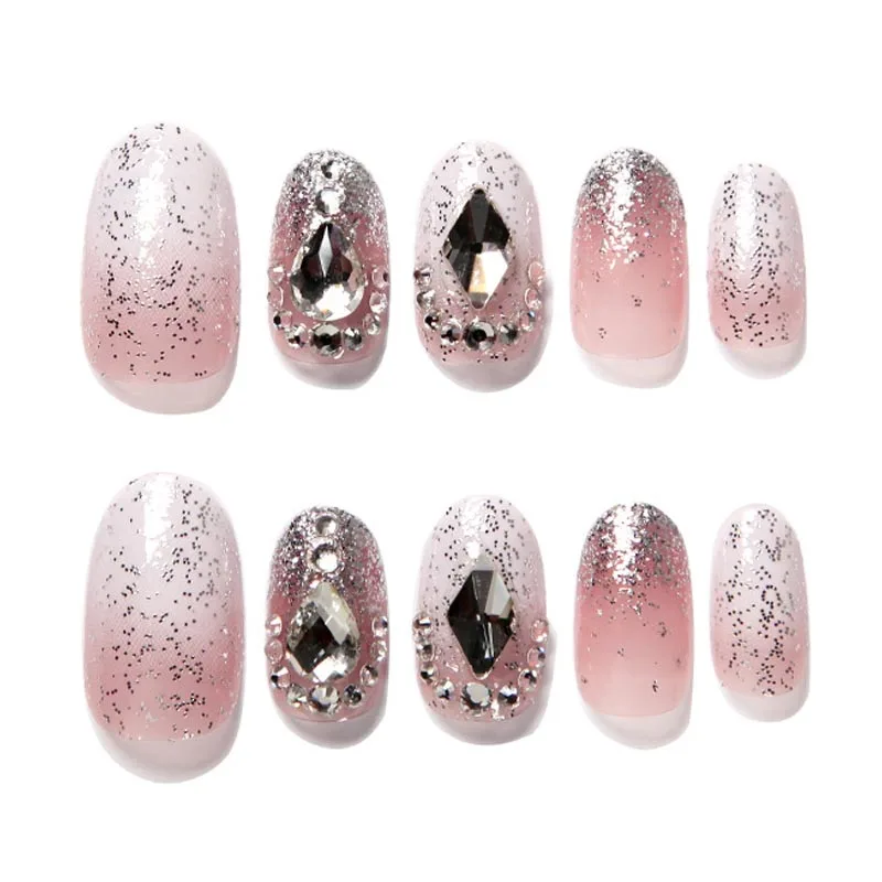 New Full Cover Pink Gradient Fake Nails Shiny Glitter Japanese Style Rhinestone Decoration Round Head press on nails with glue