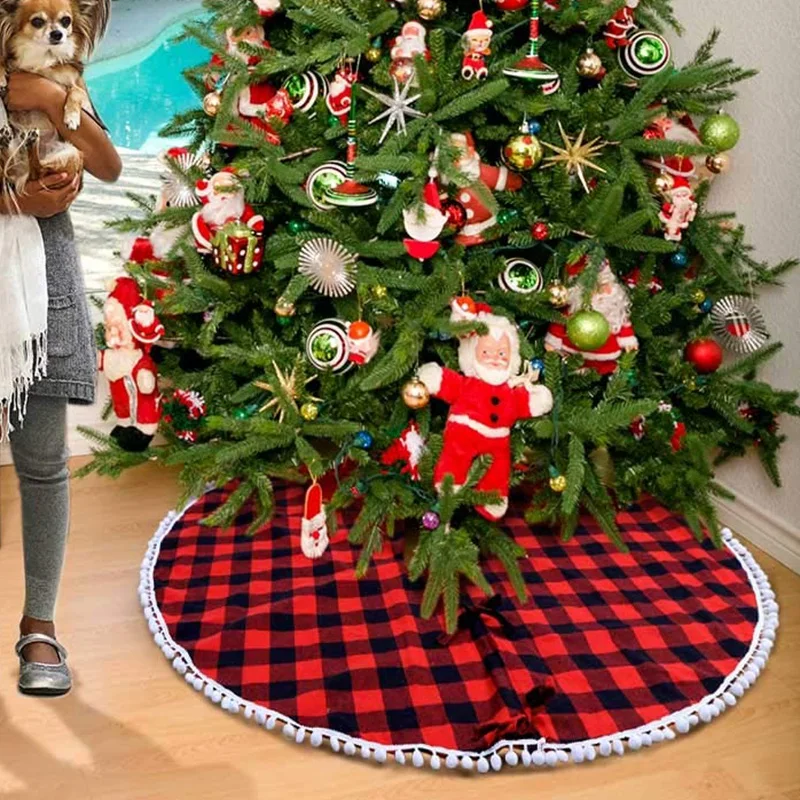 48 дюймов коврик под рождественскую елку Красного и черного цветов Buffalo Plaid дерево юбка с помпонами для Праздничные рождественские