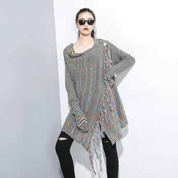 

LANMREM 2020 Spring New Personality Long-sleeved Tassel Irregular Dark Buckle Color Knit Cardigan Women PB731