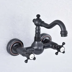 Kitchen Wet Bar Bathroom Vessel Sink Faucet Black Oil Rubbed Brass Wall Mounted Swivel Spout Mixer Tap Dual Cross Handles msf720