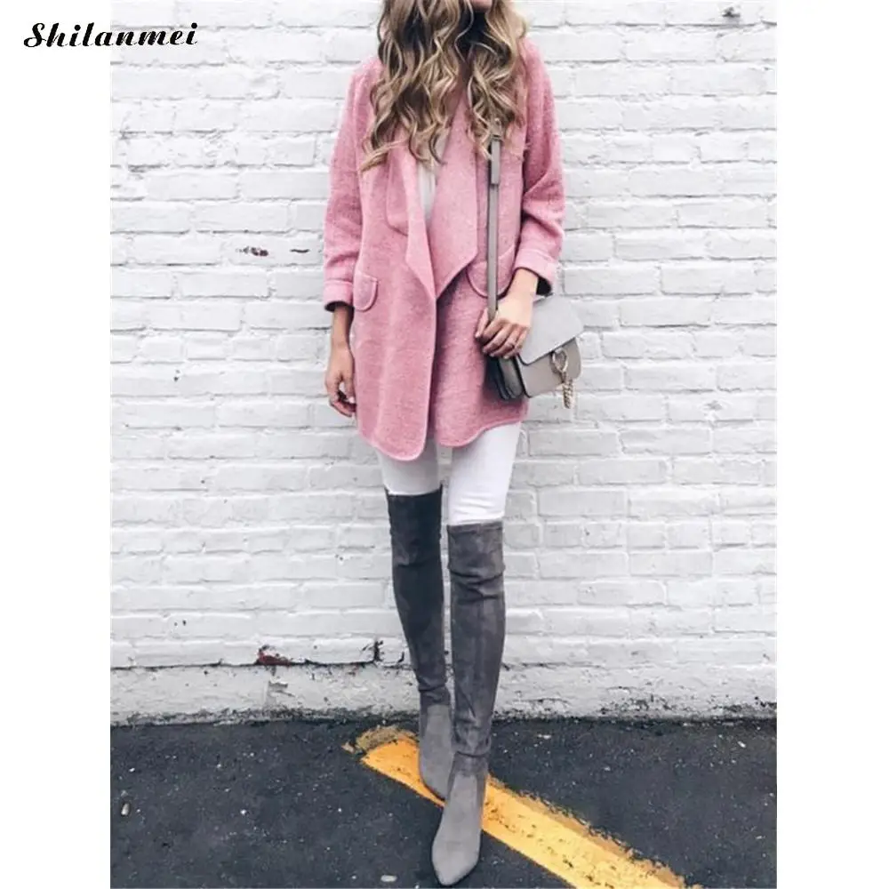 pink Осенняя Офисная женская элегантная Длинная шерстяная Смешанная модная женская верхняя одежда с открытым передним стежком тонкая женская розовая Зимняя Куртка Верхняя одежда - Цвет: pink
