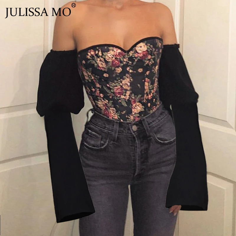 Julissa mo, винтажная блузка с цветочным принтом, рубашка, для женщин, с открытыми плечами, с пышными рукавами, сексуальные повязки, топы, женские, с открытой спиной, тонкие, Blusas Mujer
