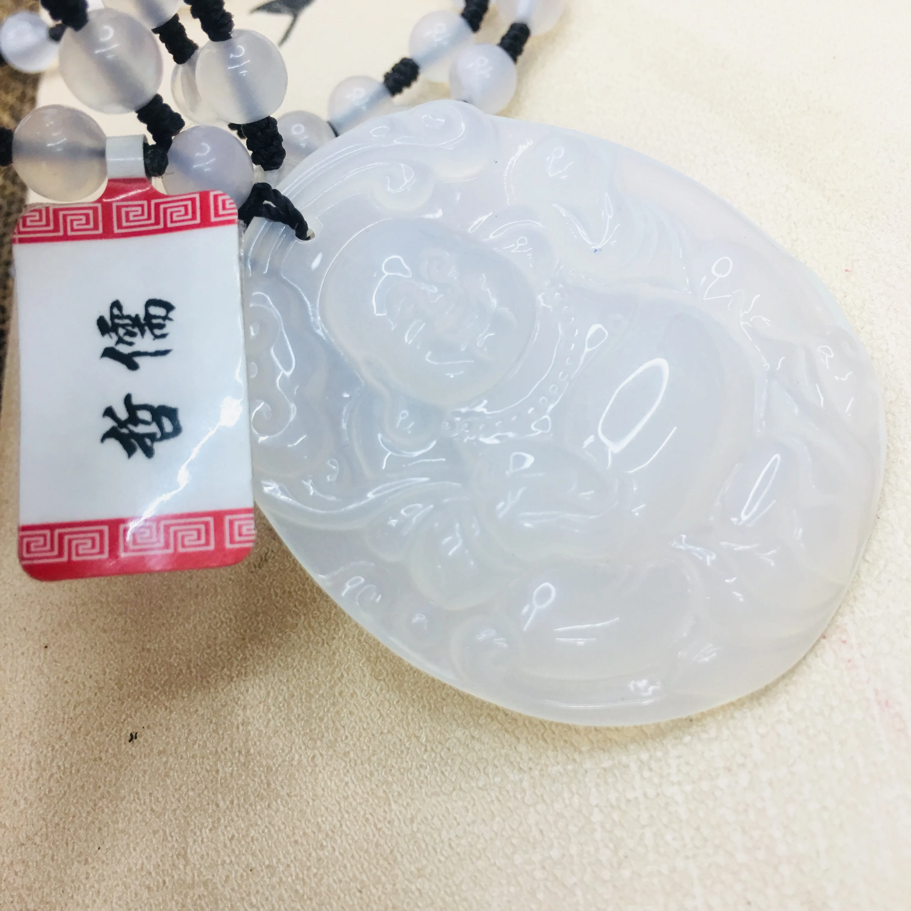 

Natural Brazilian Chalcedony Jade Carving Light Round Wishful Buddha Pendant with Chalcedony Bead Necklace