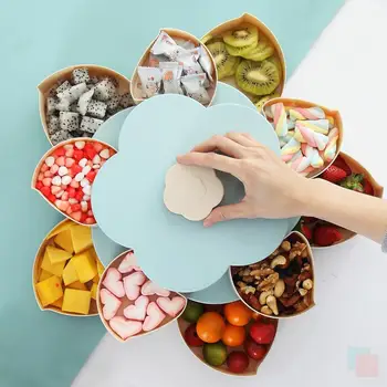 

Plastic Lazy Fruit Dish Double Layers Snack Box Candy Plates Petal-shape Rotating Trays Box Dried Fruit Storage Organizer Box