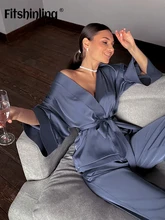 

Fitshinling Satin Loungewear Set Women Lace Nightgown Long Sleeve Cardigan Casual Loose Sleepewar Home Clothes Trousers 2 Pieces