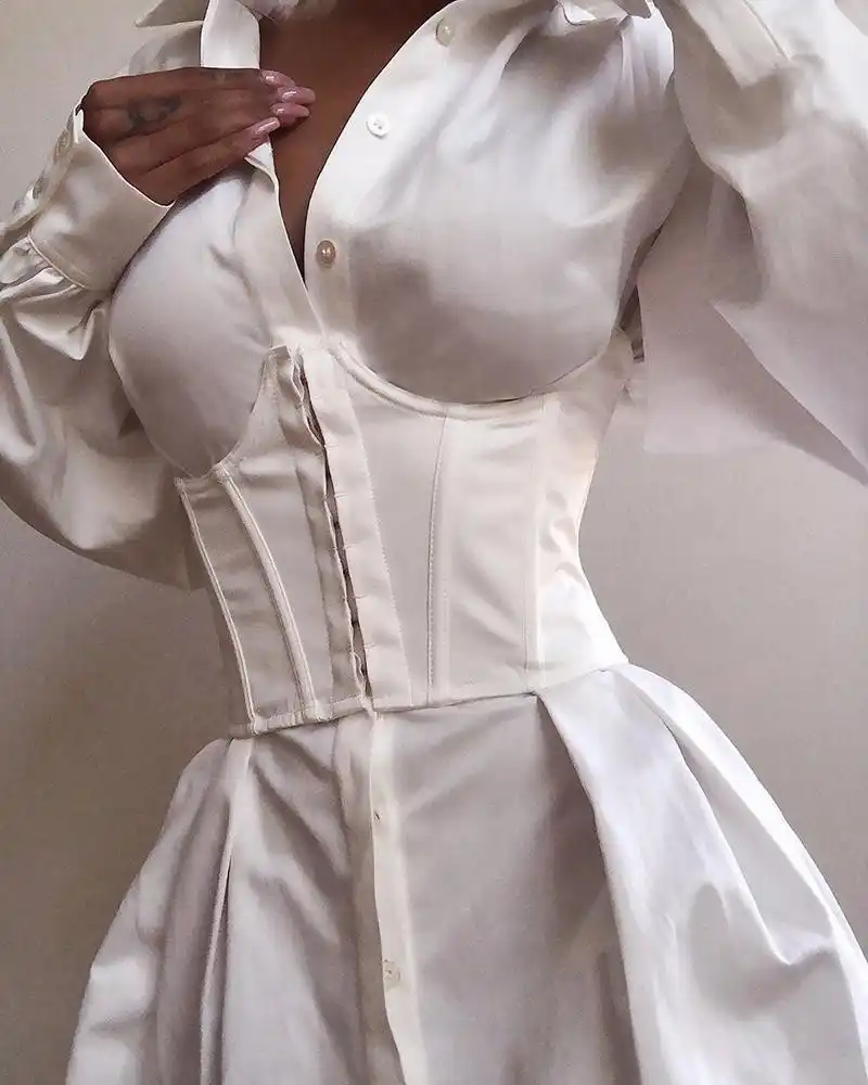 solid long sleeve tight waist buttoned shirt dress
