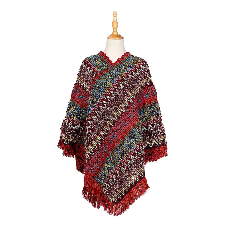 Boho пончо с бахромой накидка Шали Обертывания Женское пальто элегантные топы для весны зимы осени AIC88 - Цвет: Красный