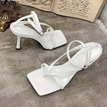 

2020 New Women Sandals Fashion High Heels Straps Ladies Sandals Sexy Square Toe Flip-Flop Female Sandals Sexy Beach Women Shoes