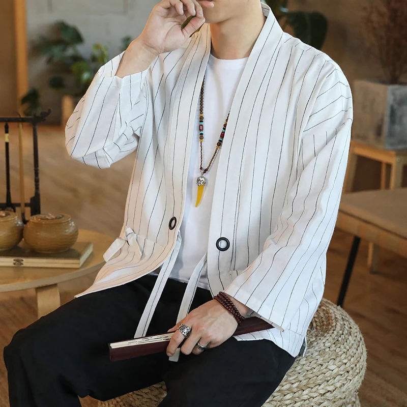 

Autumn New Men's Chinese Style Cotton Linen Coat Loose Kimono Cardigan Men stripe Linen Outerwear Jacket Coats M-5XL