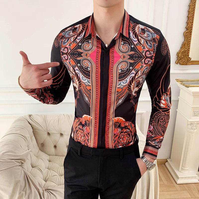Luxury Men's Floral Print Shirt Fashion Brand Long Sleeve Slim Camisa masculina Social Men's Tuxedo Shirt Club Prom Costume