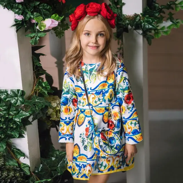 Vestido de princesa de manga larga para niñas, ropa de marca para niños, Navidad con bolsa impresa, Otoño, 2023
