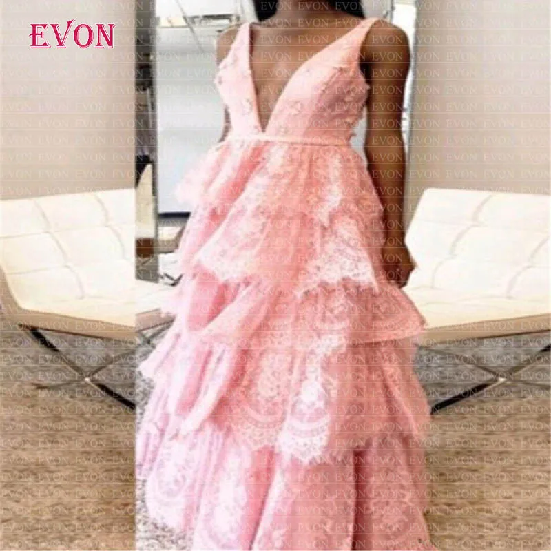 Розовое Кружевное длинное вечернее платье трапециевидной формы Vestido De Fiesta De Noche очаровательное Многоуровневое вечернее платье с v-образным