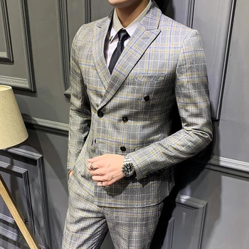 

New Plaid Mens Suit 3-piece (blazer+vest+pants) Luxury Double Breasted Mens Suits Wedding Groom Fashion Slim Fit Prom Male Suit