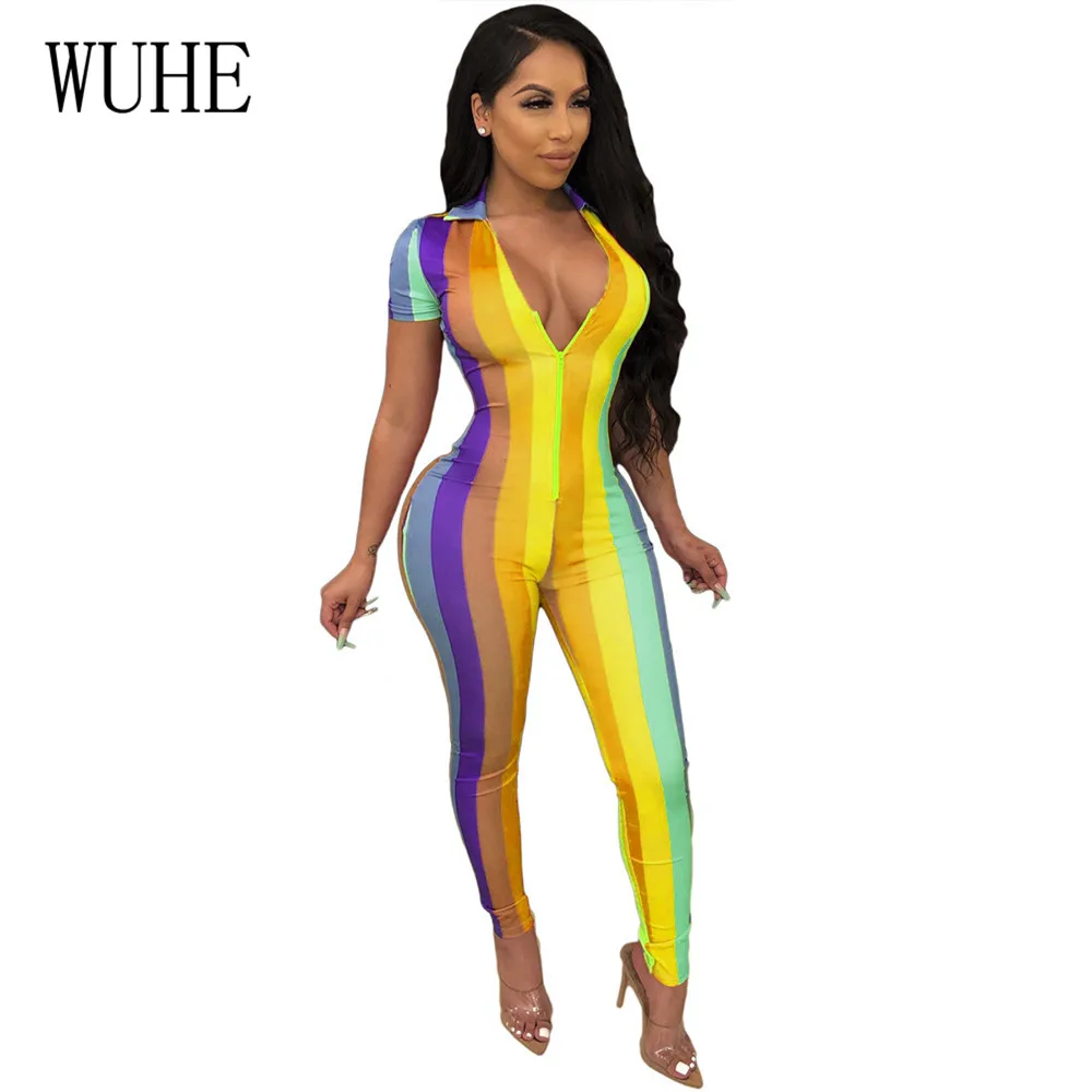 

WUHE Fashion Striped Fitness Sporty Rompers Womens Jumpsuit Workout Short Sleeve Active Wear Zipper V Neck Athleisure Bodysuit