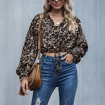 

Women Tshirts Blusas V-neck Leopard Print Blouse Long Sleeve Lace Up Ladies Blouses 2020 Autumn Female Tops Slim Sexy Streetwear