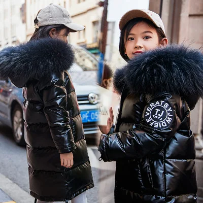 

Winter Girl Down Jacket Warm Glossy Children Down Parkas Coat Big Fur Collar Hooded Thicken Kid Teenager Winter Outerwear Coat