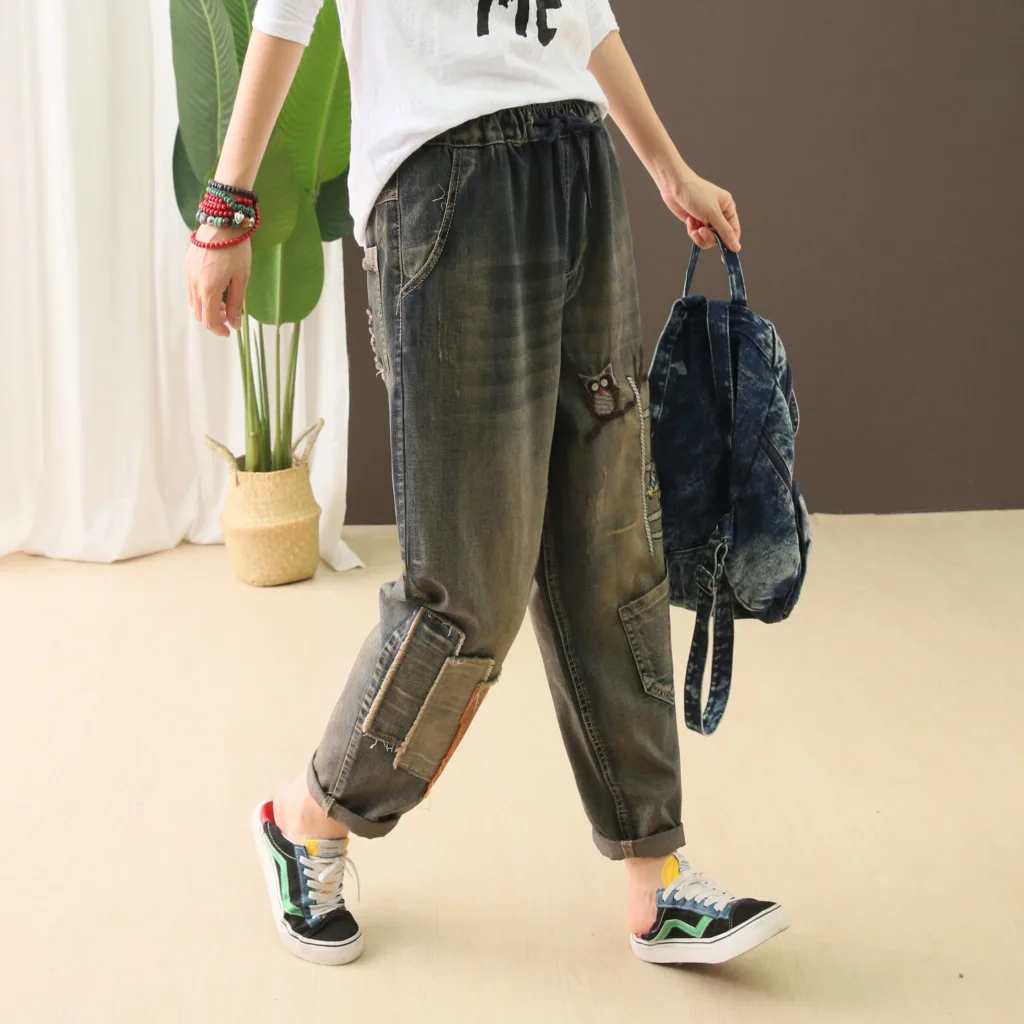 New National Wind Retro Washed White Multi-block Denim Trousers Women's Mom Jeans Ripped Jeans for Women Women Jeans