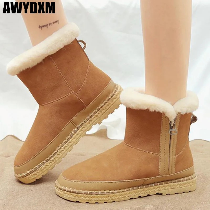 

Fur women boots winter ladies Round head Suede flat Short boot fashion Side zip Plus velvet warm student slip on snow boots S984