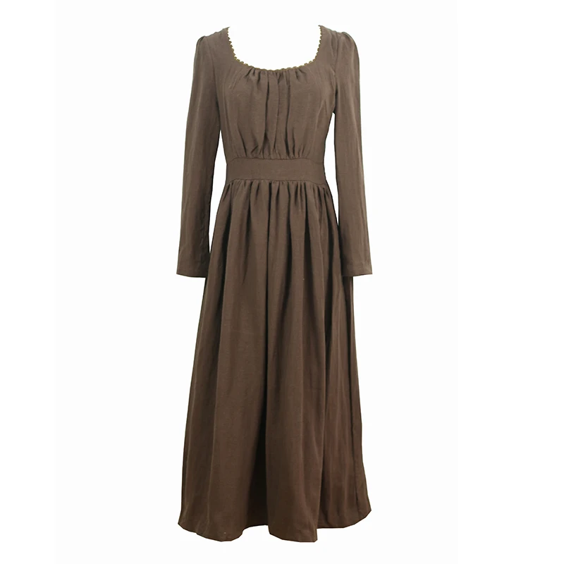 Spring Autumn Women 100%Linen Coffee Long Dress