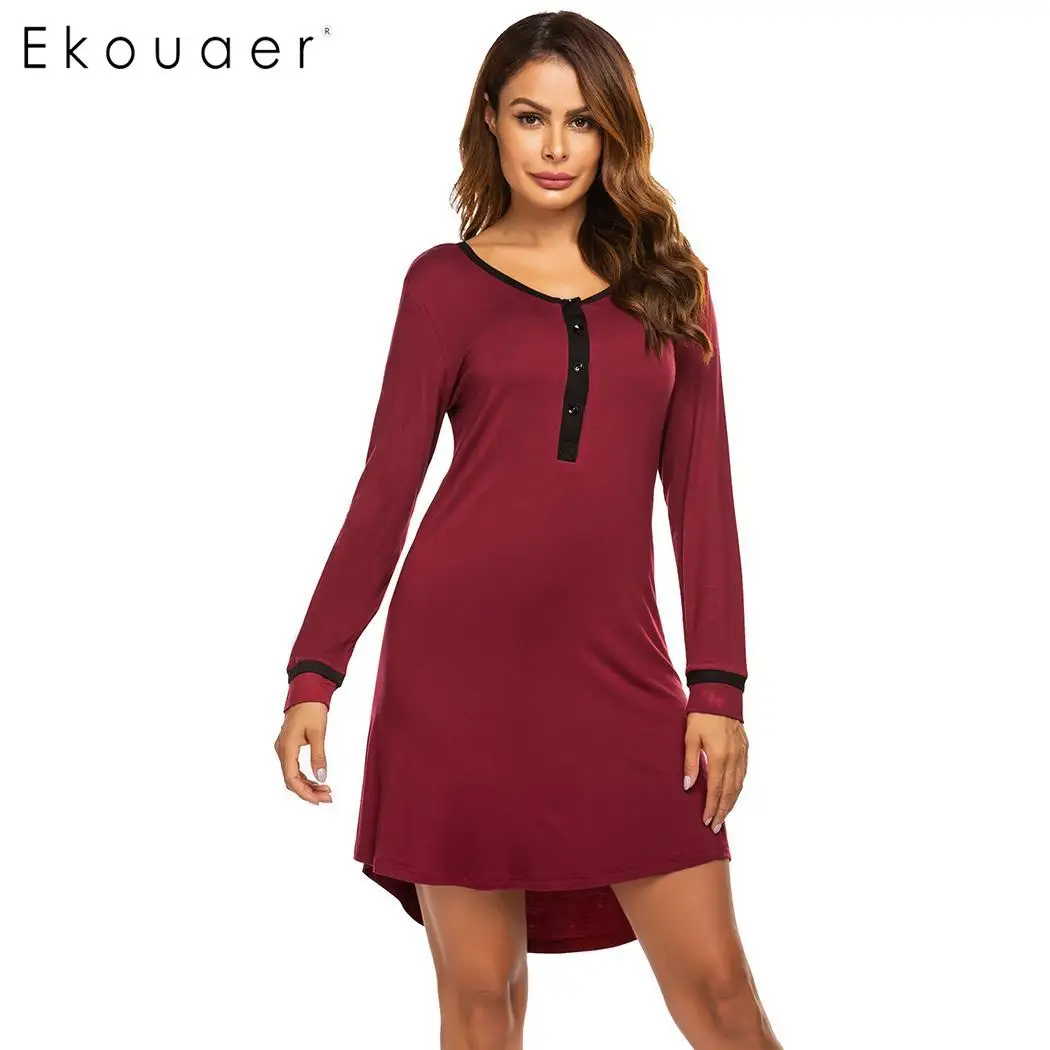 Ekouaer Women Autumn Nightgown Sleepshirts Nightwear Dress O-Neck Long Sleeve Button Patchwork Sleepwear Spring Night Dress