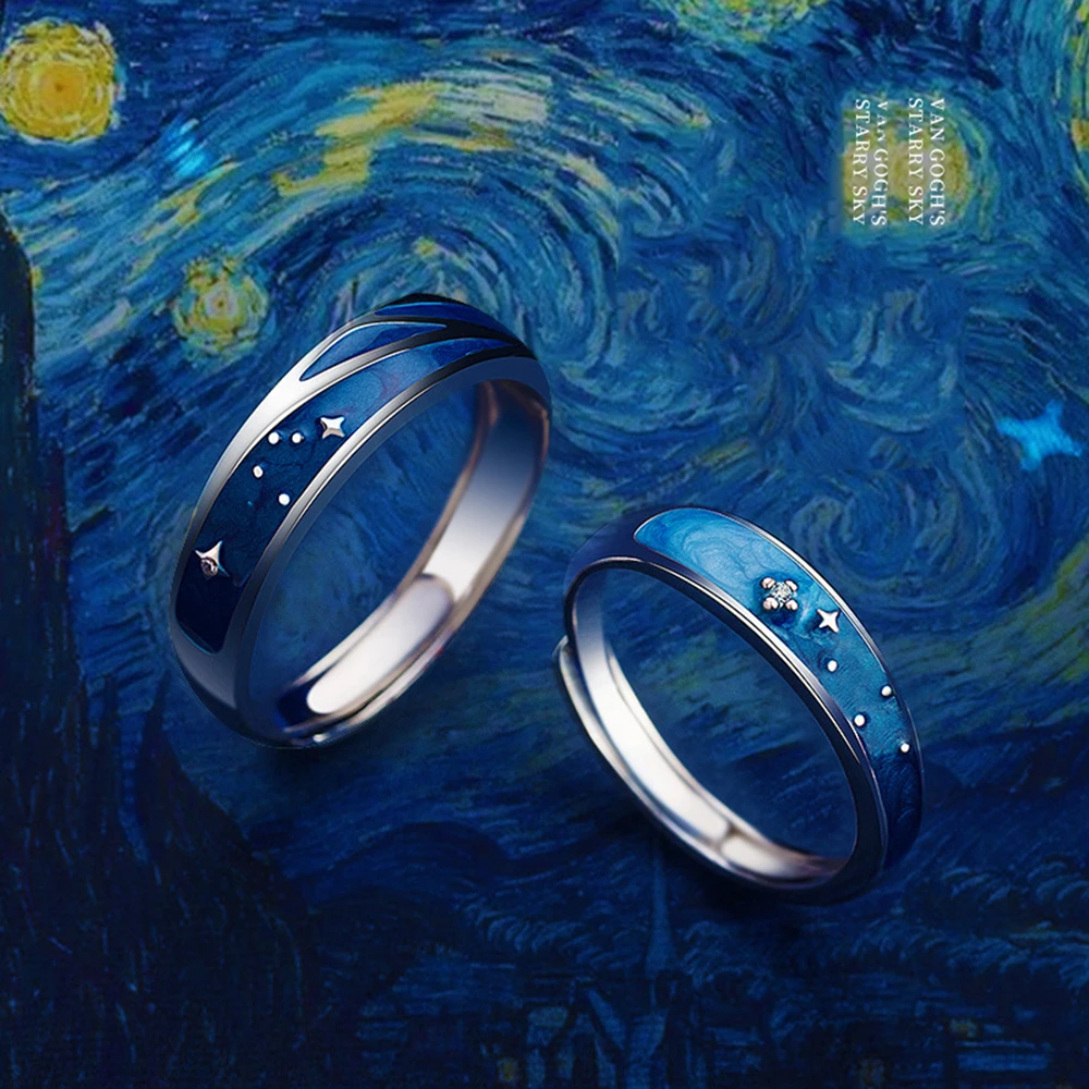 Anillo de compromiso romántico para parejas, anillos Van Gogh de noche estrellada, Luna y sol, para hombre mujer, 2021|Anillos| - AliExpress