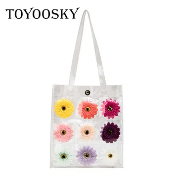 

TOYOOSKY Women Transparent PVC Shopping Bag Clear Fashion Flower Tote Bag Large Capacity Foldable Storage Summer Beach Bags