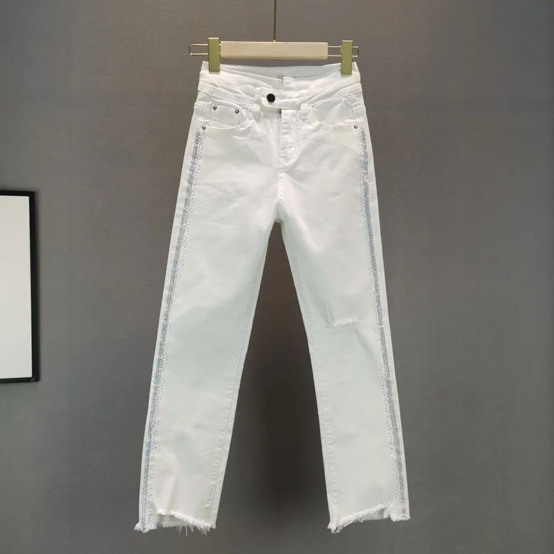 

White Rhinestones Jeans for Women Thin Denim Pants 2020 Summer New Stretch High Waist Thin Holes Jeans Jean Pants Girls Students