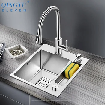 

QINGYU ELEVEN 304 Stainless Steel kitchen Sink Handmade Brushed Place items Single Bar Counter Kitchen Sink