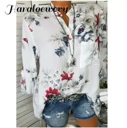 Женская рубашка 2019 Летняя Повседневная шифоновая белая блузка с v-образным вырезом женские Топы Camisa Feminina длинный рукав принт Женская