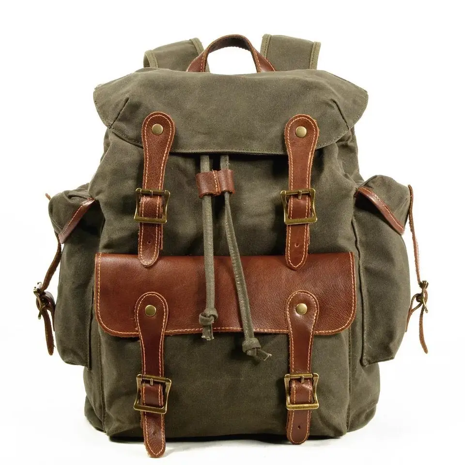 Vintage Canvas Backpacks For Men Oil Wax Leather Travel Backpack Waterproof Laptop School Daypacks Retro Bagpack Large Capacity - Цвет: Армейский зеленый