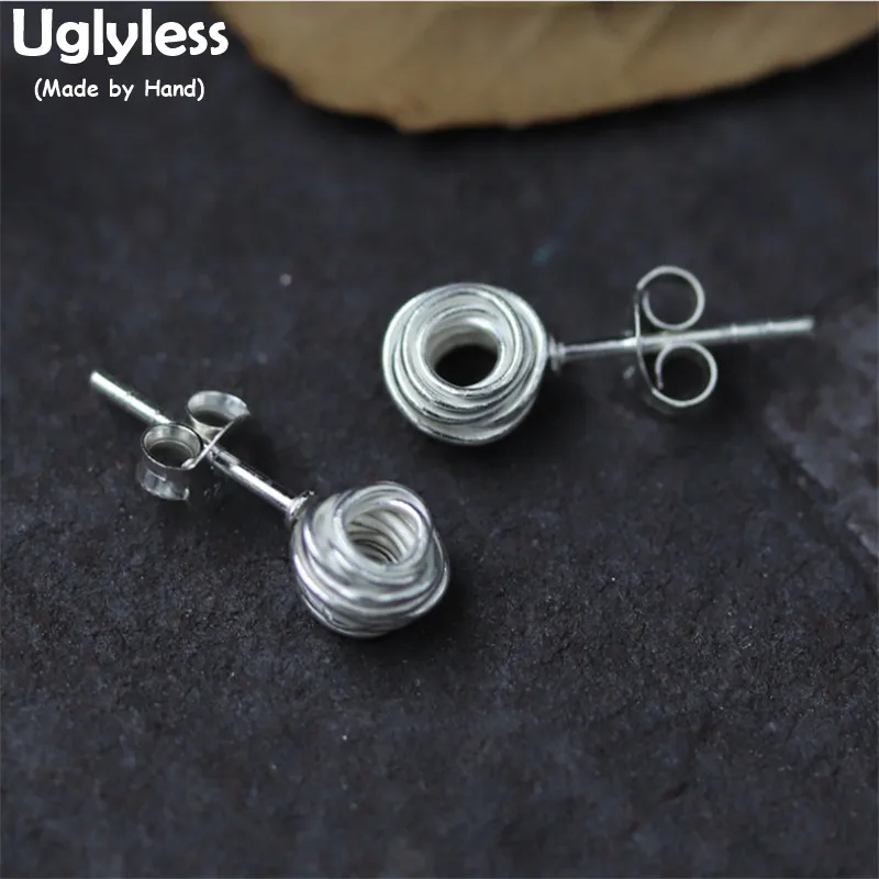 Uglyless Real S925 Women Simple Fashion Manual Reeling Silver Lines Stud Earrings Handmade Studs for Fine Jewelry Hollow | Украшения и