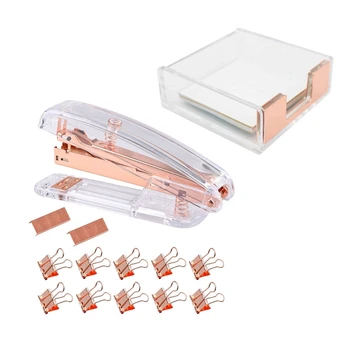 

Clear Acrylic Rose Gold Self-Stick Note Pad Holders 3.5X3.3 Inch (Rose Gold) & Rose Gold Stapler Acrylic Desktop Stapler with 10