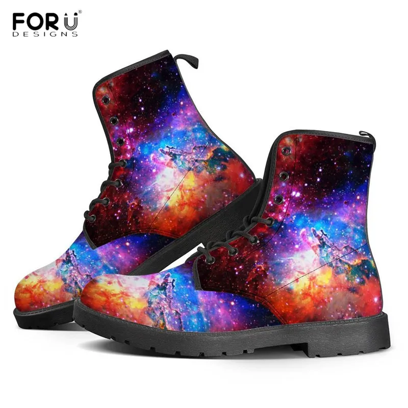 

FORUDESIGNS Winter Fashion Boots Women Galaxy/Universe/Space 3D Pattern Motorcycle Boots Female Leather Outdoor Boots Lace Up