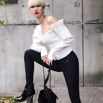 

Women Blouse Asymmetrical Puff Long Sleeve Top Ruffle Tunic Blouses White Shirt Female One Shoulder 2020 Fashion New Tops Blouse